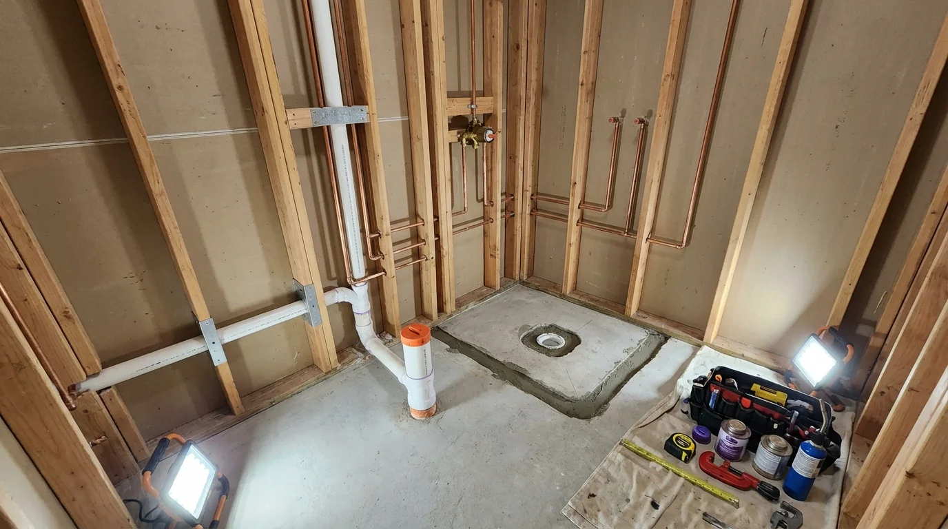 Bathroom rough-in plumbing during remodel by Johns Plumbing LLC in Kingfield