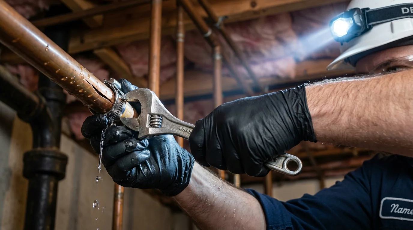 Emergency pipe clamp repair being performed by a Johns Plumbing LLC plumber in Kingfield
