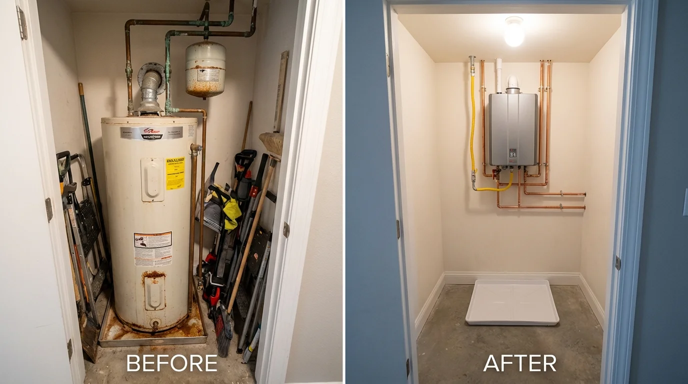 Tank water heater versus wall-mounted tankless unit comparison for Kingfield, ME homeowners