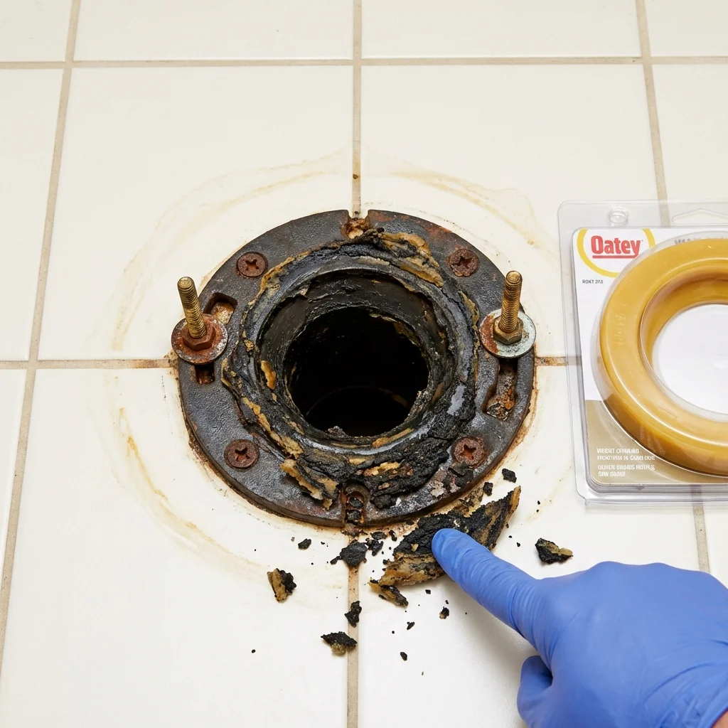 Failed wax ring showing water seepage at the base of a toilet in a Kingfield, ME home