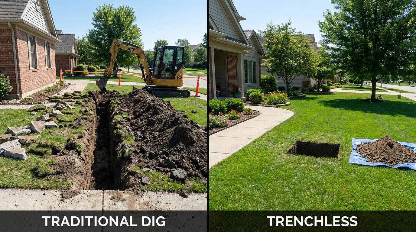 Trenchless sewer repair with minimal yard damage versus traditional excavation in Kingfield, ME