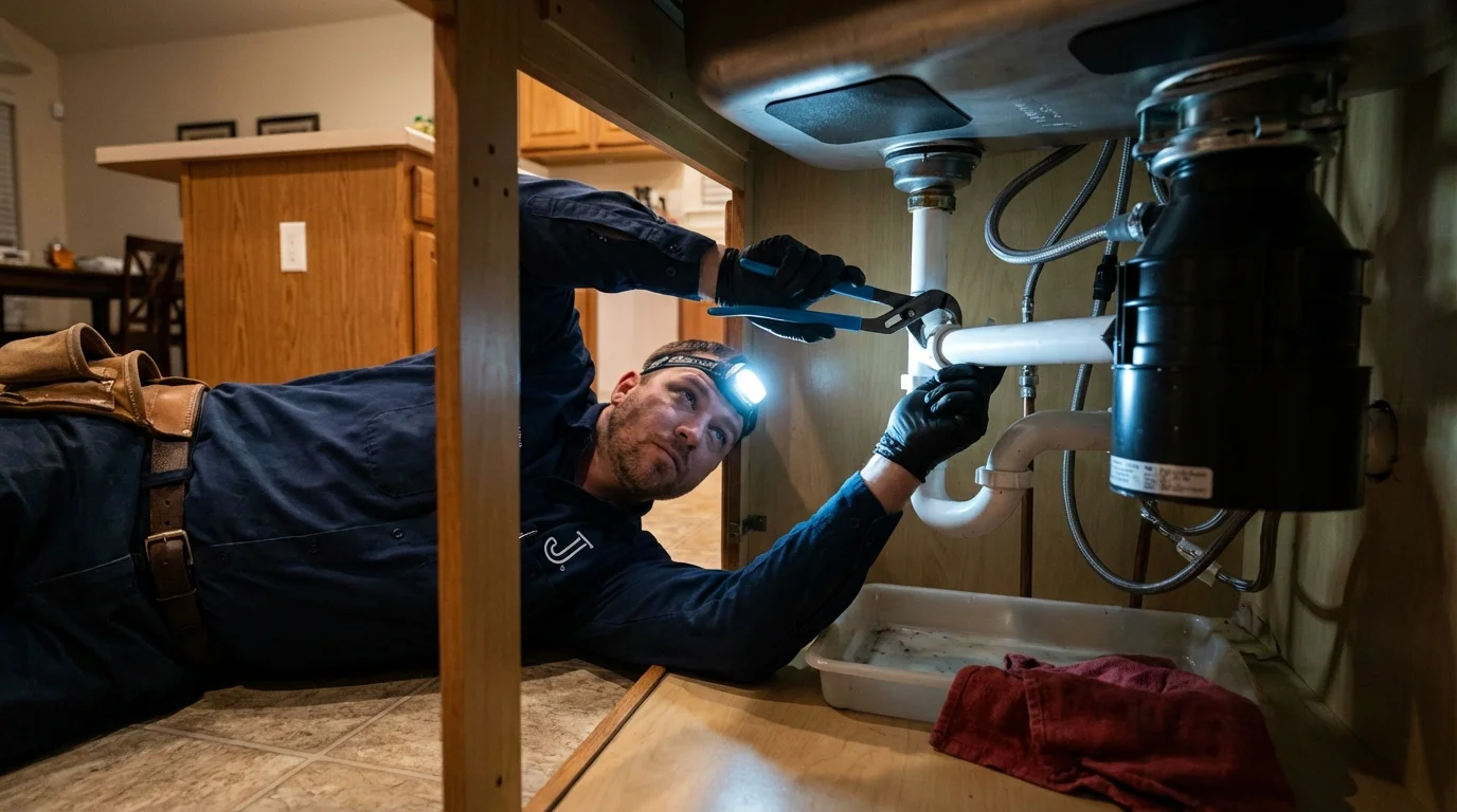 P-trap and supply line connections under a kitchen sink showing a common leak point in Kingfield, ME